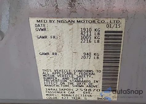 2015 Nissan Altima 2.5 S from USA, damaged, VIN 1N4AL3AP0FC259870